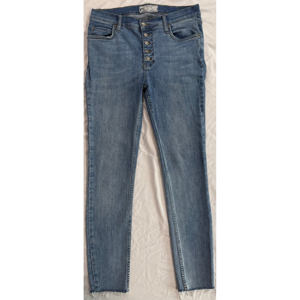 Free People Button Fly Skinny Jeans Medium Wash Raw Hem Denim Size 28